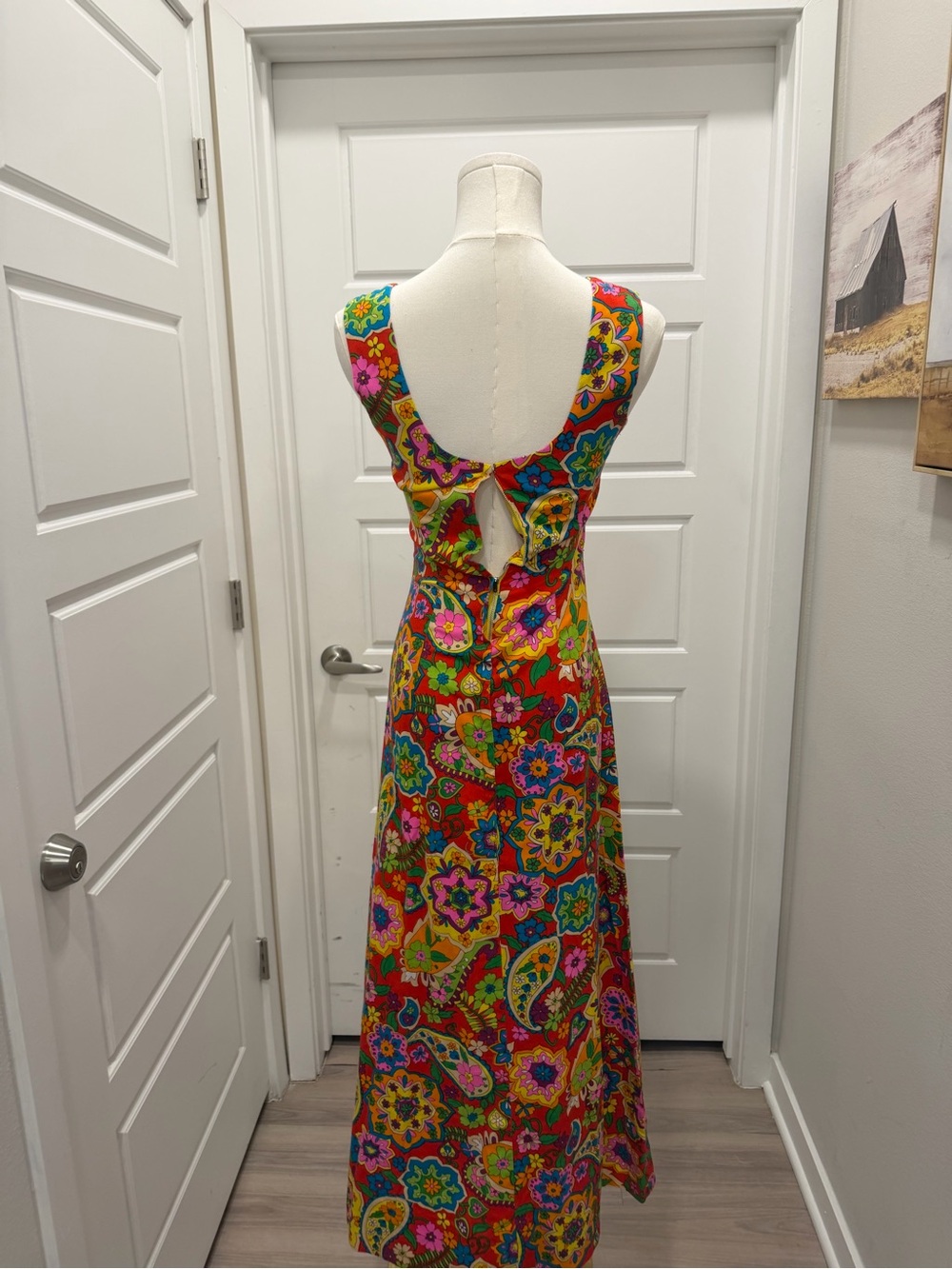 1970’s Vintage Vibrant Paisley Floral Maxi Sleeveless Dress - Red Multicolor - Picture 4 of 5